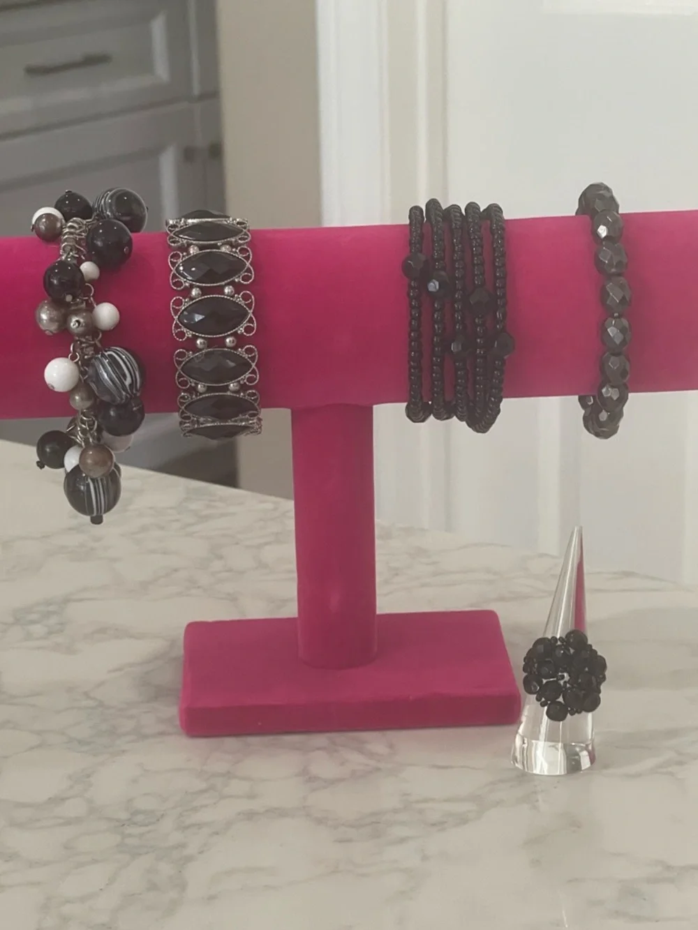 Black Beaded Bracelet Set with Silver Accents and Beaded Stretch Ring